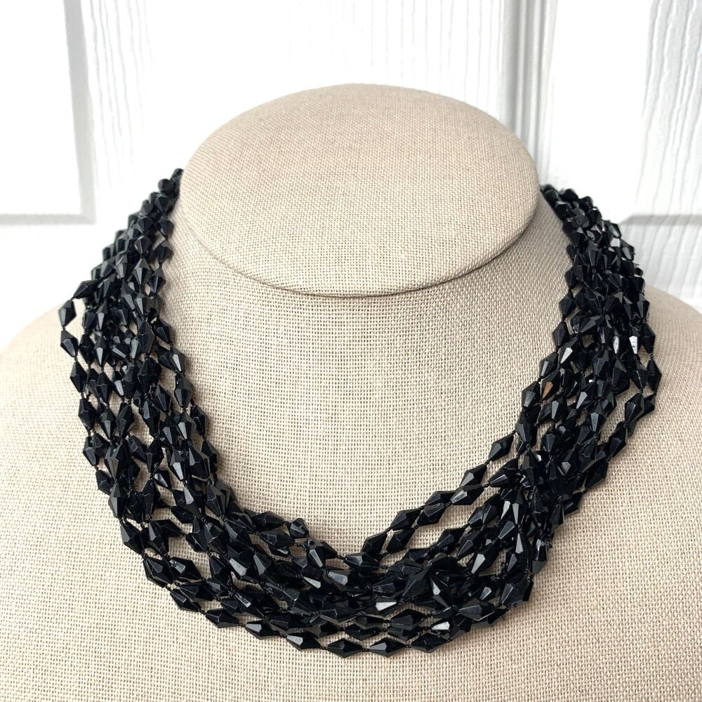 Vintage Black Faceted Acrylic Bead Multi Strand Statement Collar Necklace